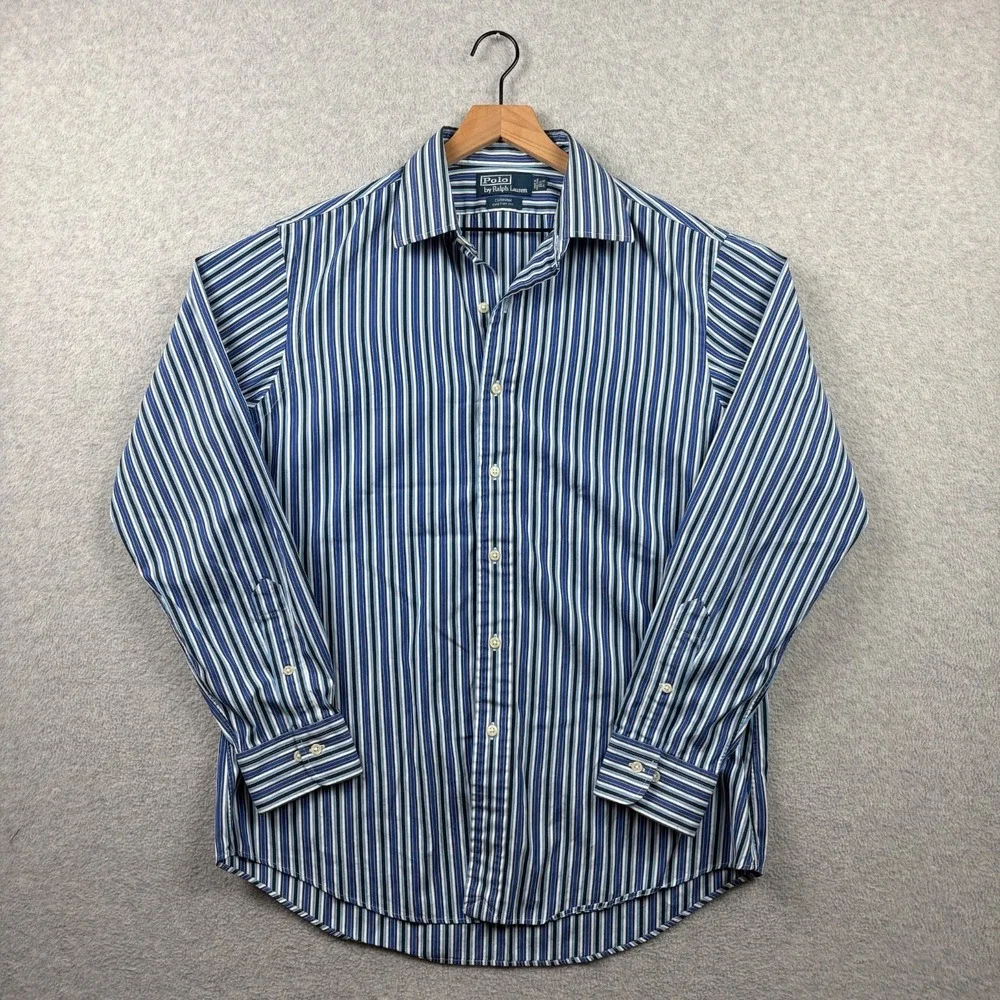 Polo Ralph Lauren Shirt Mens 16.5 34 35 Blue Striped Curham Button Up Poplin